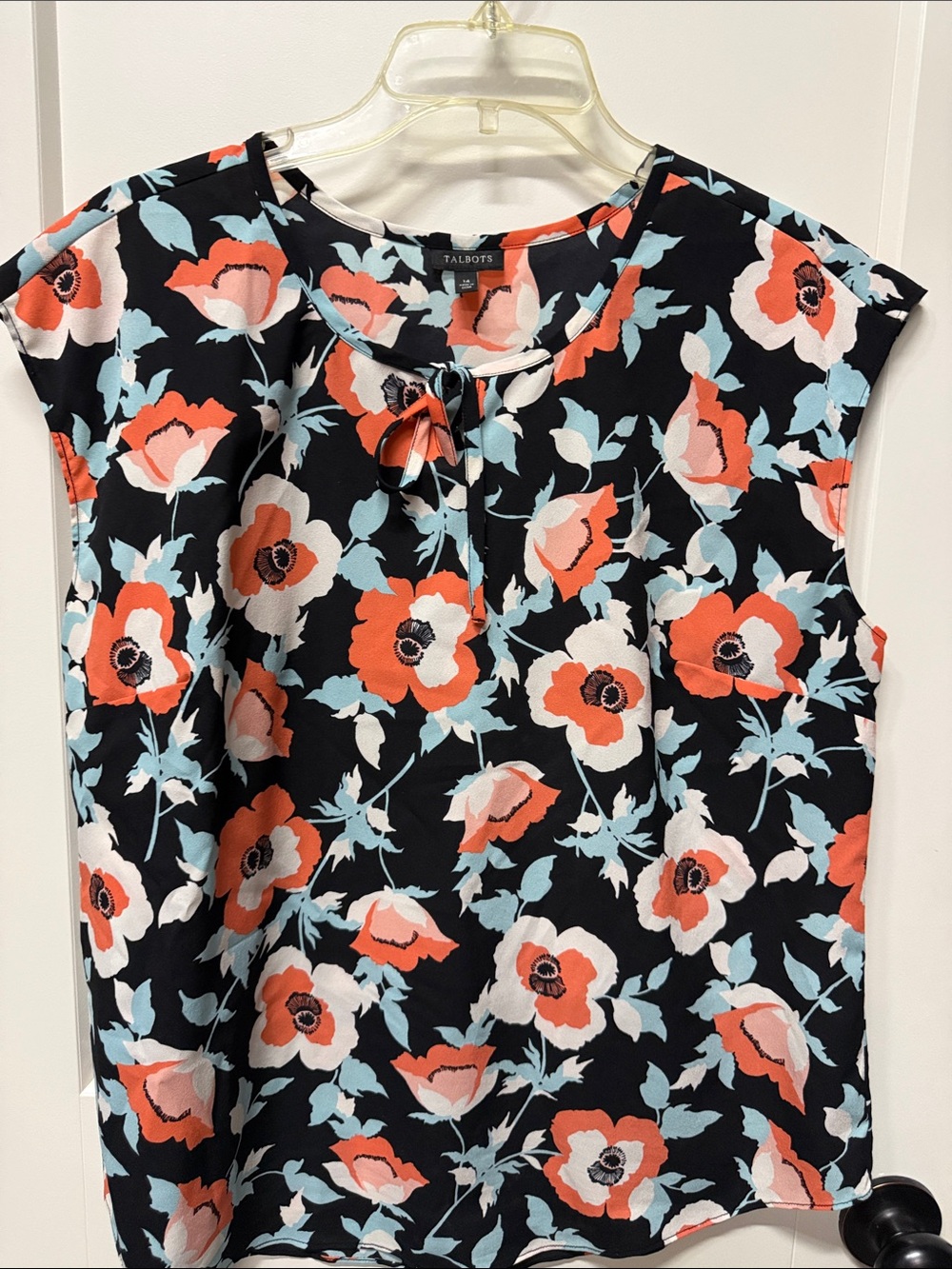 Talbots Black Floral Tie-Neck Sleeveless Top - Coral & Light Blue